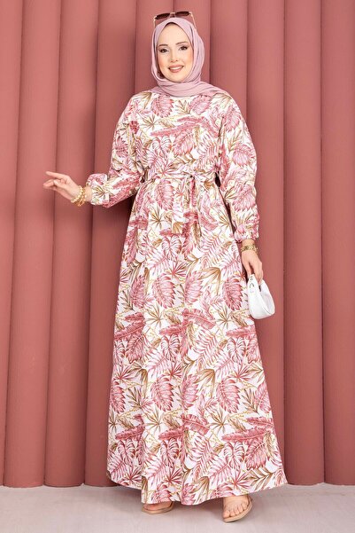 EBRUTESETTÜR Palmiye Desen Beli Büzgülü Elbise Pembe