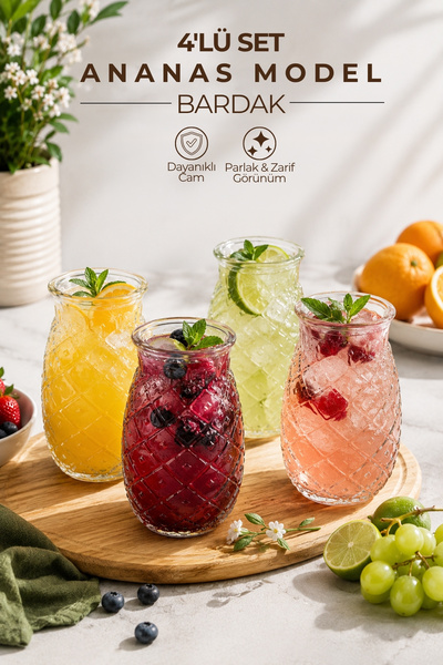 Nandy Home 4’lü Set Ananas Desenli Cam Bardak Meşrubat ve Soğuk İçecek Bardağ...