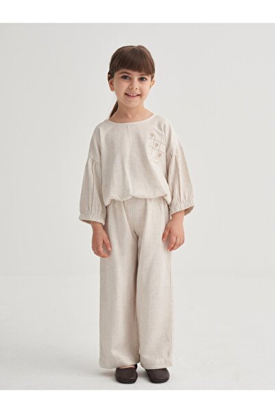 Cigit Κεντητό λινό σετ με φαρδύ παντελόνι, για 2-7 ετών, φυσικό