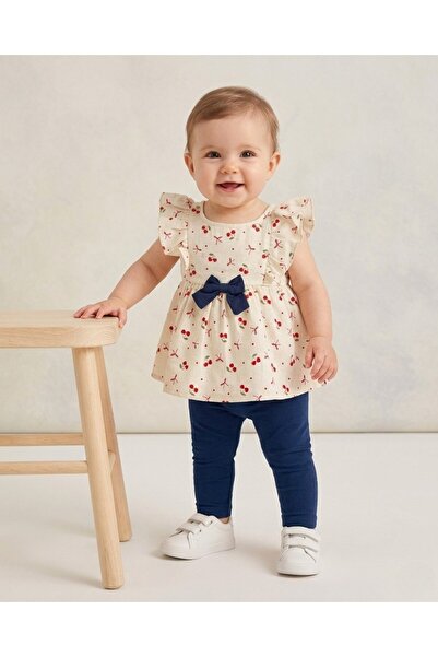 Ege Bebek Baby Girl Summer Cherry Printed Muslin Blouse and Leggings 1-2-3 Ye...