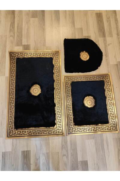 KuzeyCarpet Siyah Renkli Gold Varaklı Peluş Banyo Seti