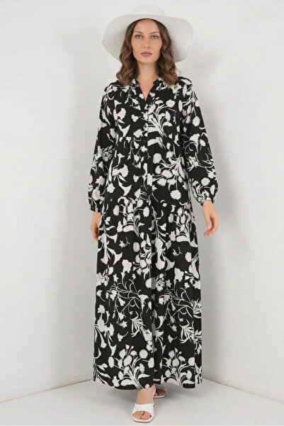 buğrahayalin Women's Shirt Collar, Gathered Waist, Floral Patterned Viscose B...