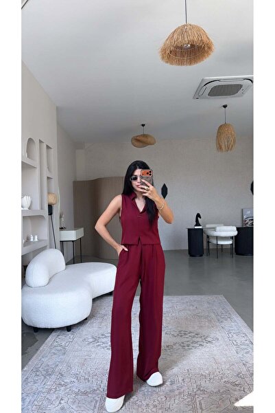 Buket Teke Bordo Gümüş Aksesuarlı Pantolon Bluz Takım