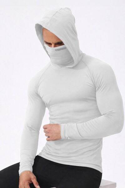 . Men's Face Mask Hooded Stretch Fabric Cotton Long Sleeve Sports Combed T-Shirt