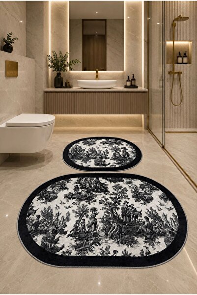 naya home Dekoratif Dijital Baskılı 2 Li Set Banyo Paspası Kaymaz Tabanlı Klo...