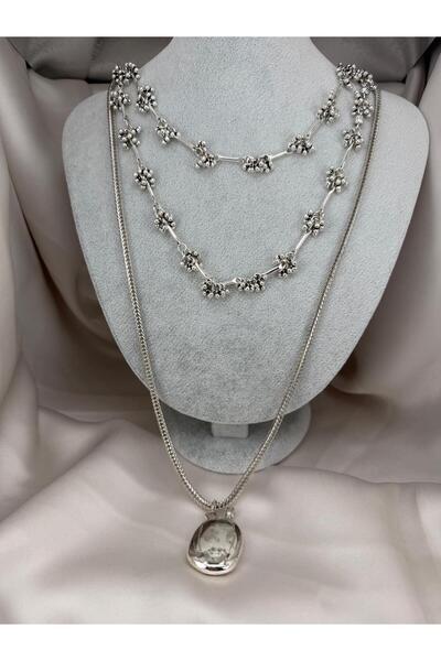 ZS Aksesuar Stylish Design Long Chain Necklace with Flower Motif Silver Women...