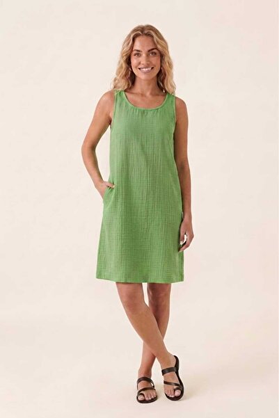 madam trend Rochie de damă din țesătură muselină 100% bumbac, verde iarbă, cu...