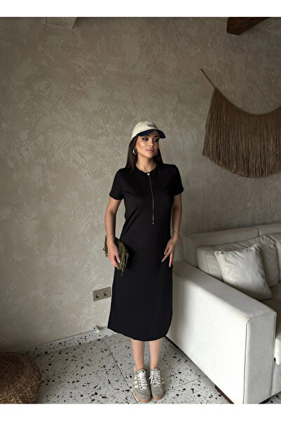 mekabutik Black Crew Neck Basic Long Dress