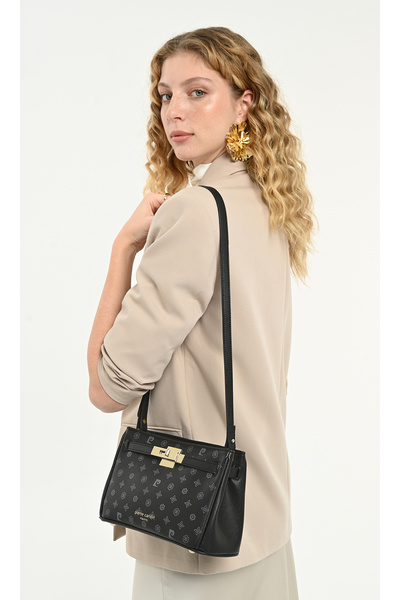 Pierre Cardin Black Monogram Patterned Women's Shoulder Bag - Lock Detailed 2...