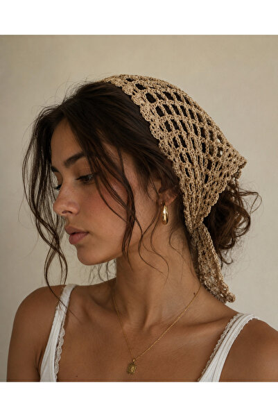 lunera Hand Knitted Light Beige Floral Openwork Bandana 100% Cotton Hair Band...
