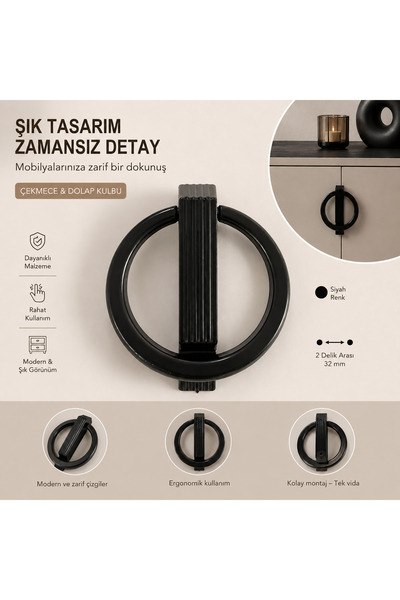 EM&MA DESİNG ŞIK TASARIM, HALKA KULP, DOLAP ÇEKMECE KULP SİYAH