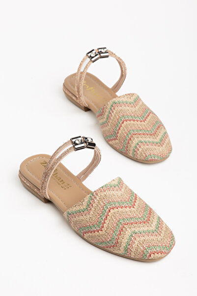 Dubais Shoes Kare Önü Kapalı Kadın Taşlı Günlük Hasır Sandalet & Terlik