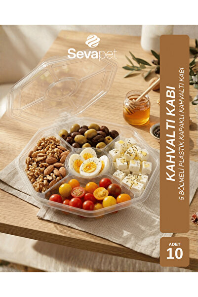 SEVAPET 5 BÖLMELİ KENDİNDEN KAPAKLI PLASTİK KAHVALTI KABI / 10 ADET SAKLAMA KABI