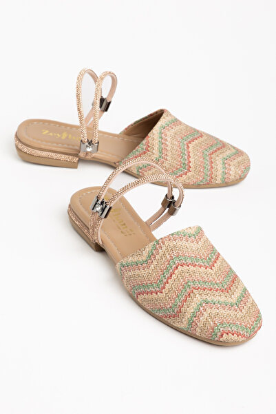 Dubais Shoes Kare Önü Kapalı Kadın Taşlı Günlük Hasır Sandalet & Terlik