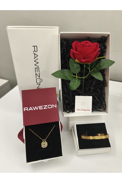 RAWEZON Nerovia Yonca Red Set - Çelik Gold Yonca Kolye- Ayetel Kürsi Bileklik...