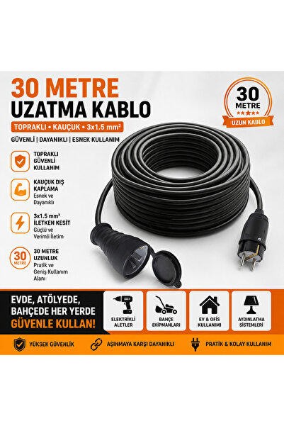 FIRSAT YOLU 30 Metre Topraklı Kauçuk Uzatma Kablosu 3x1.5 TTR Seyyar Elektrik...