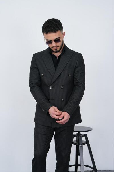 Dupont Slim Fit Erkek Sivri Yaka Çizgili Kruvaze Takım Elbise