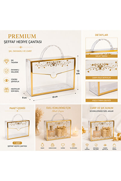 eğlencemarketi Premium Şeffaf Hediye Çantası Gold Detaylı 19x13x6 cm PVC Aset...
