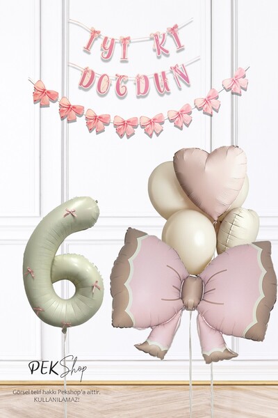PEKSHOP 6 Year Old Retro Pink Bow Theme Luxury Birthday Balloon Set with Pink...