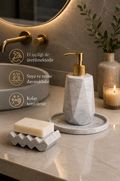 lufen deco Mermer Desenli Beton Banyo Seti 3'lü Sıvı Sabunluk Katı sabunluk S...