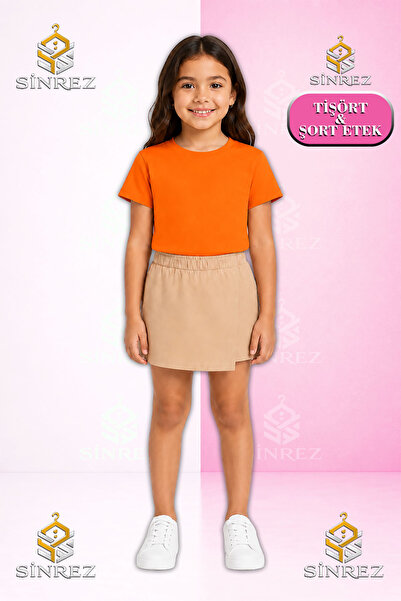 SİNREZ Set pentru fete SADE Tricou cu mânecă scurtă, pantaloni scurți și fustă