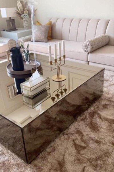 Tables Brown Glass Table with Mirrored Sides, 50 cm High.