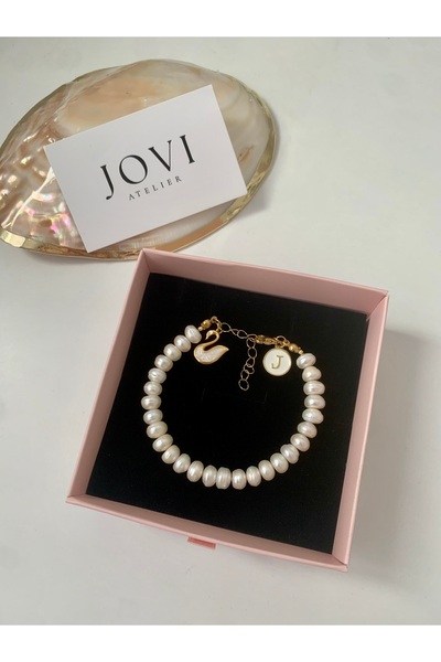 JOVİ ATELİER Sertifikalı Doğal Rondela Kadın İnci Bileklik Kuğu Harf Charm