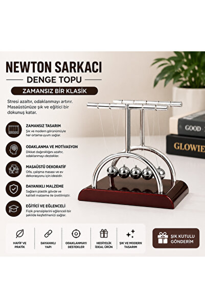 1DepoBu Orta Boy Newton Sarkacı Denge Topu Dekoratif Masaüstü Ofis Oyuncağı O...