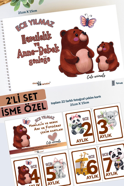 Lodos 2'Lİ SET İSME ÖZEL Anı Defteri Cute Animals Hamilelik ve Anne Bebek Anı...