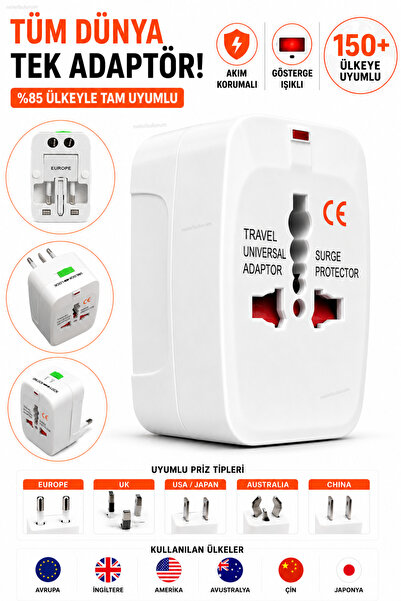 nelerbulurum Akım Korumalı 150+ Ülke Uyumlu Universal Seyahat Adaptörü Priz Ç...