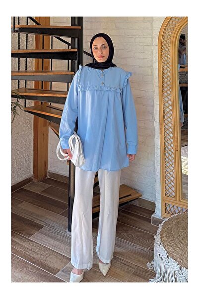 LC Waikiki Nevavm Farkıyla Örnekli Lapel Front Pleated Tunic Blue