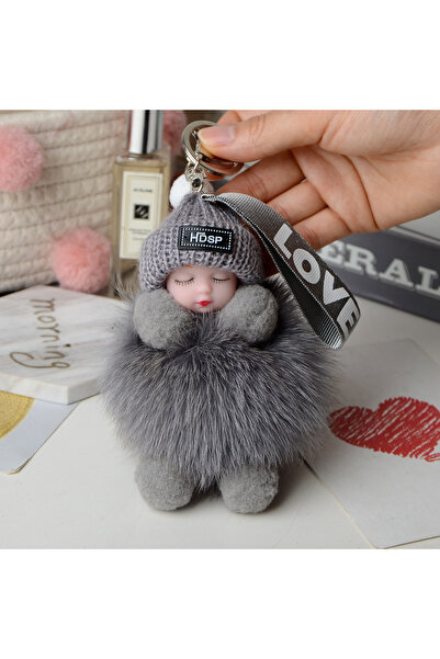 Choice9 gray Pompom Sleeping Baby Keychain Cute Fluffy Plush Doll Keyholder W...