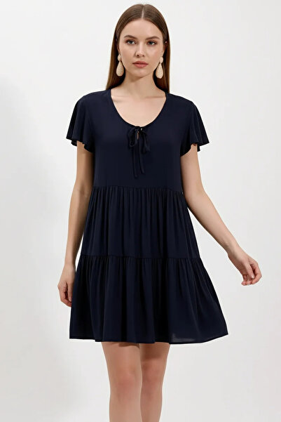 buğrahayalin Women's V-Neck Ruffle Sleeve Viscose Navy Blue Dress