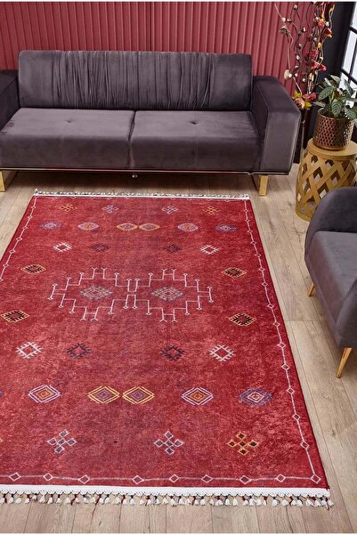 halinet Halı.Net Red Ethnic Bohemian Washable Non-Slip Living Room Carpet Hal...