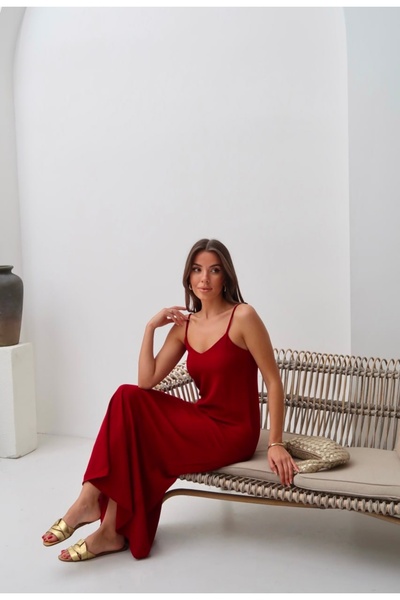 Butik Koyu Kırmızı Ayrobin Kumaş Ayarlanabilir Askılı Maxi Elbise(bir beden b...