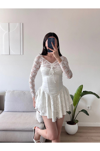 Zoom Butik Dantel Kol Ön Büzgülü Elbise - BEYAZ