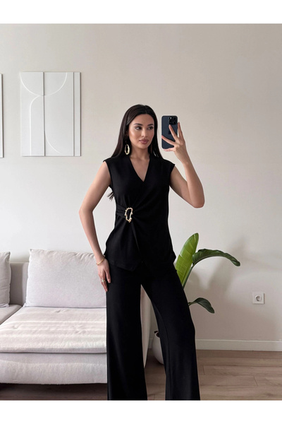 Zoom Butik Kruvaze Tokalı Modal İkili Takım - SİYAH