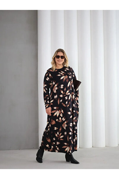 ModaMinar Women's New Season Leaf Patterned Plus Size Dress with Pockets