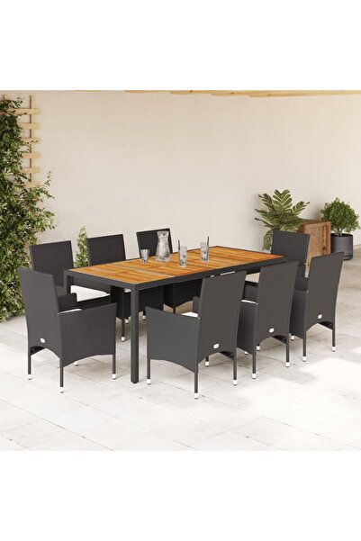 vidaxl Set mobilier gradina perne 9 piese negru poliratan/lemn acacia