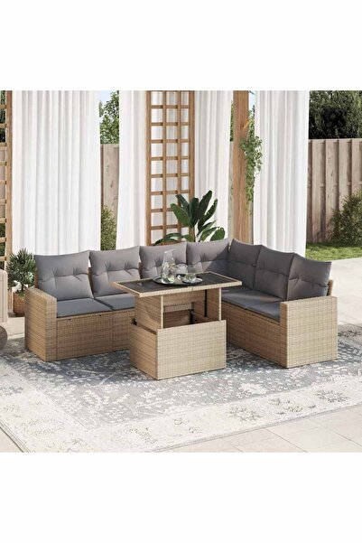 vidaxl Set canapele de gradina, 7 piese, cu perne, bej, poliratan
