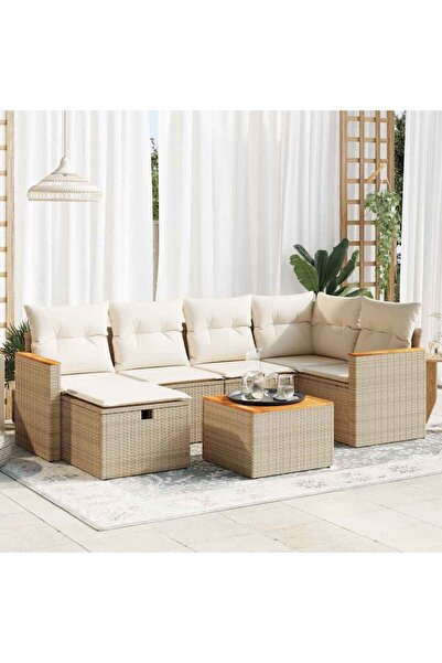 vidaxl Set canapele de gradina, 7 piese, cu perne, bej, poliratan
