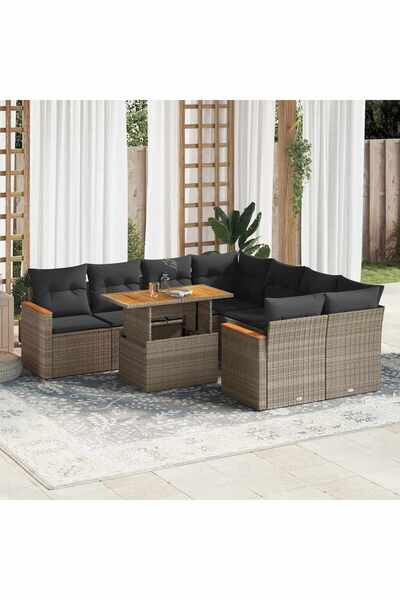 vidaxl Set canapele gradina cu perne 9 piese gri poliratan/lemn acacia