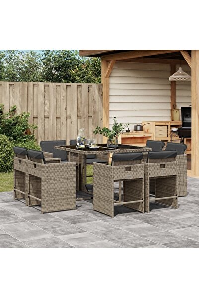 vidaxl Set mobilier gradina cu perne, 9 piese, gri, poliratan