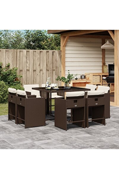 vidaxl Set mobilier de gradina cu perne, 9 piese, maro, poliratan