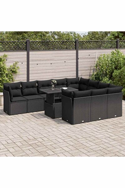 vidaxl Set canapele de gradina cu perne, 11 piese, negru, poliratan
