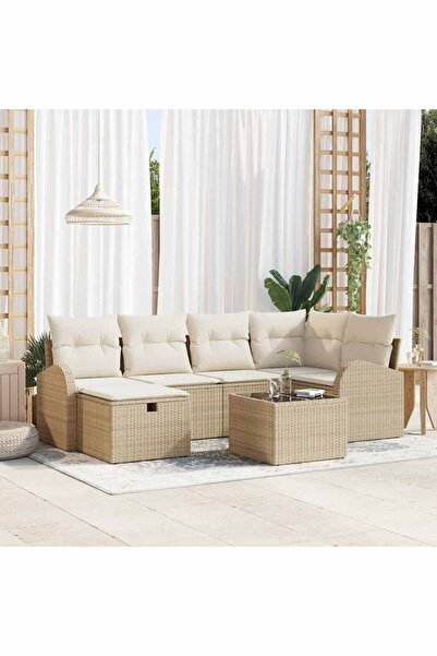 vidaxl Set de canapele pentru gradina cu perna 7 pcs Bej Rattan poli