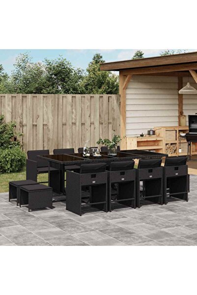 vidaxl Set mobilier de gradina cu perne, 13 piese, negru, poliratan