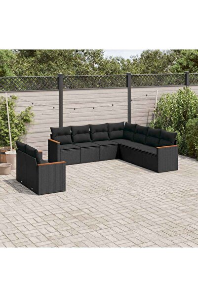 vidaxl Set mobilier de gradina cu perne, 9 piese, negru, poliratan