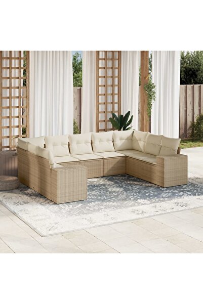 vidaxl Set canapele de gradina, 9 piese, cu perne, bej, poliratan