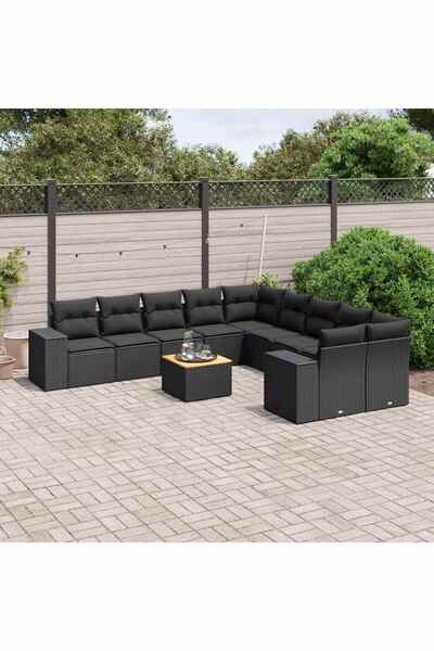 vidaxl Set canapele de gradina cu perne, 11 piese, negru, poliratan